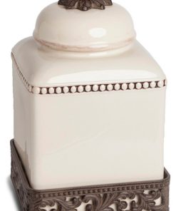 Cream Ceramic Canister with Acanthus Leaf Adorned Metal Base, 12"