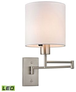 1-Light Swingarm Wall Lamp In Brushed Nickel White Shade Made Of Fabric Metal