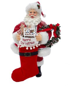 10.5" Fabriche Gingerbread Santa With Stocking and Wreath
