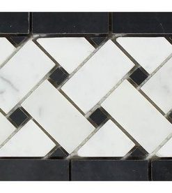 12 Honed Carrara Marble Basketweave Border With Black Dots, 4 3/4 X 12, 5 pieces